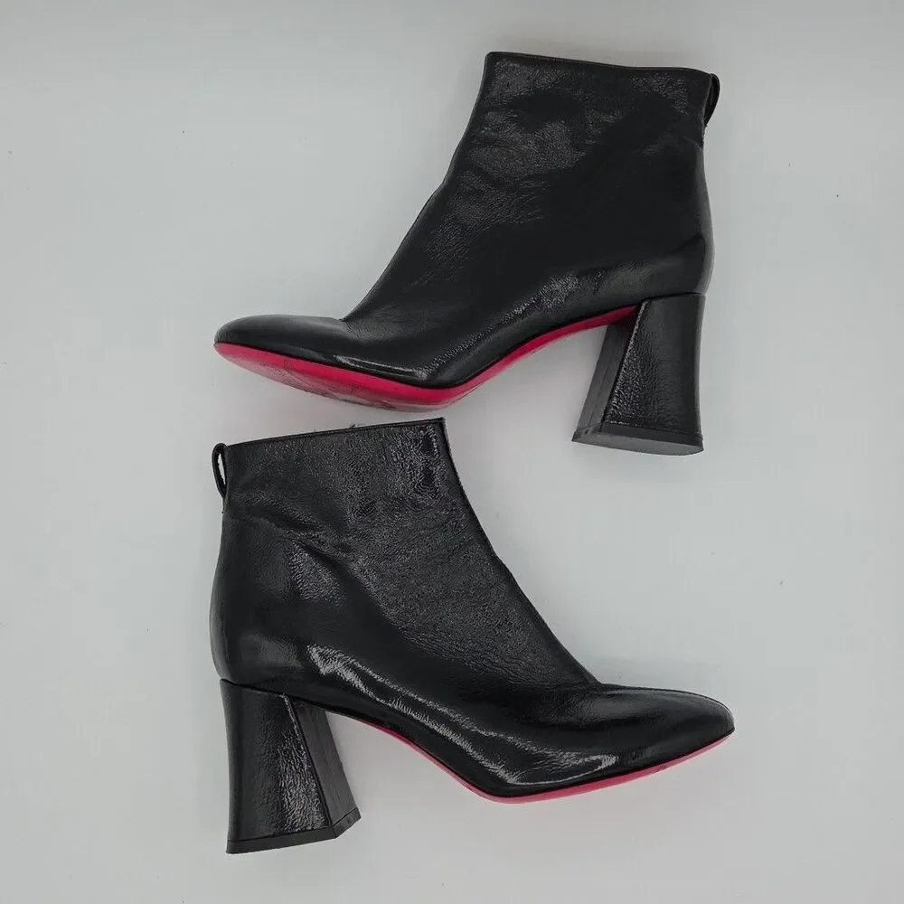 Pinko Womens Size 9 EU 39 Ankle Boots Black Patent Leather Square Heel Side Zip